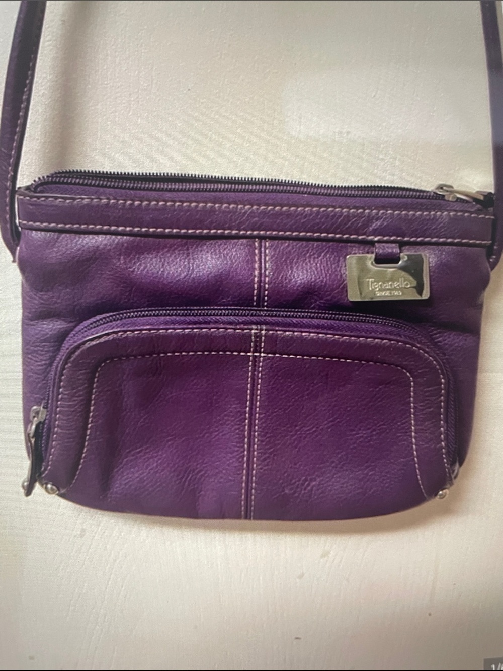 Tignanello Purple Leather Crossbody with Front Zip Pocket